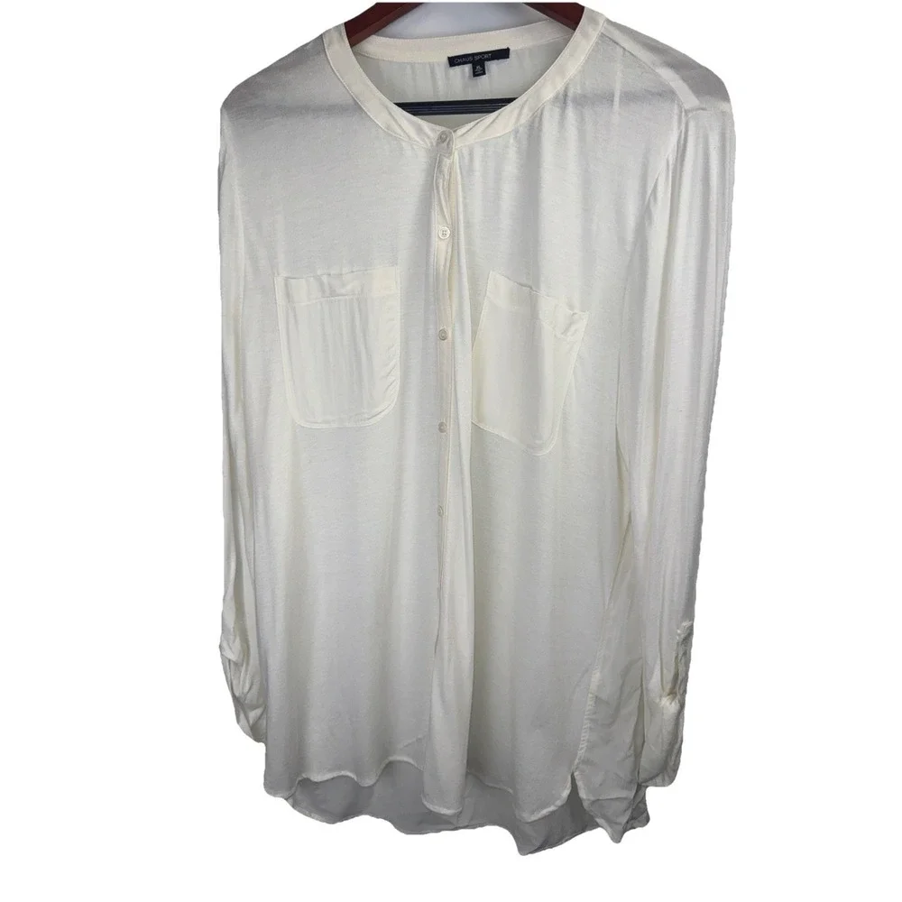Chaus Womens Button Front Shirt Ivory Long Sleeve Round Collar Dual Pocket XL